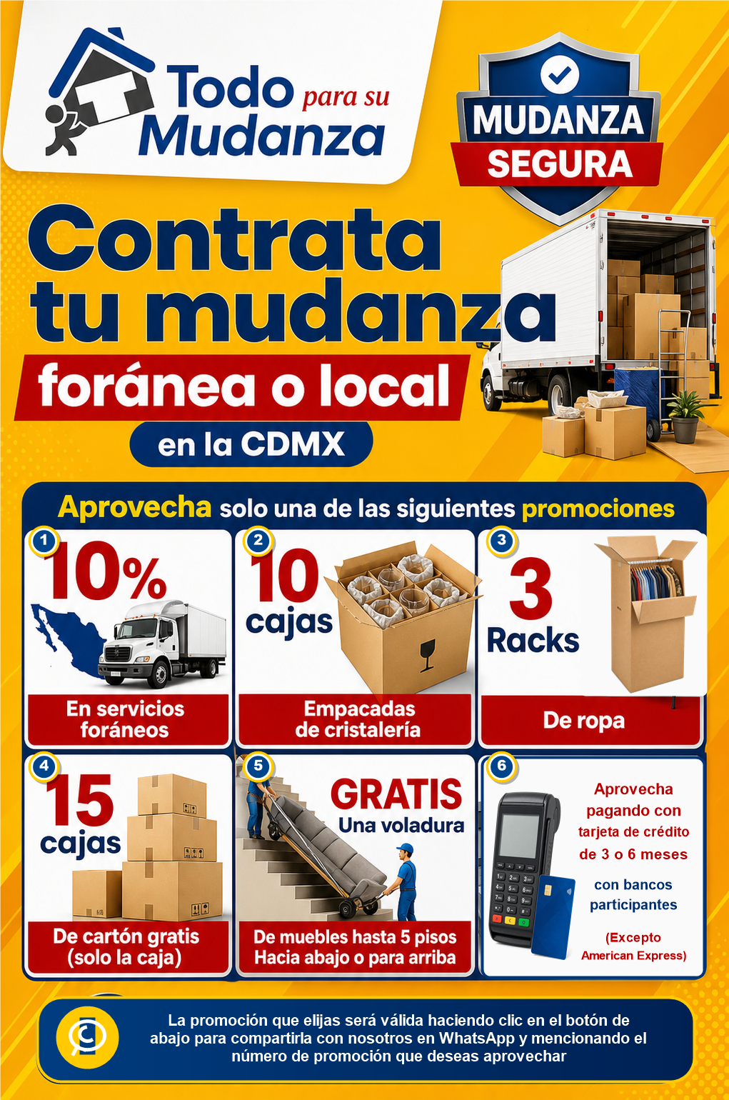 Promociones de Mudanzas Profesionales: descuento en servicios foráneos, cajas, racks, voladura de muebles y meses sin intereses