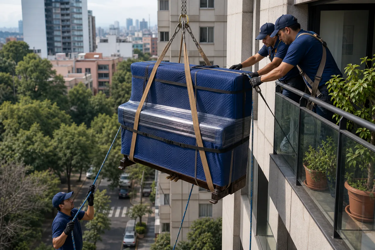 Piano protegido siendo elevado con maniobra controlada en un edificio de departamentos de CDMX